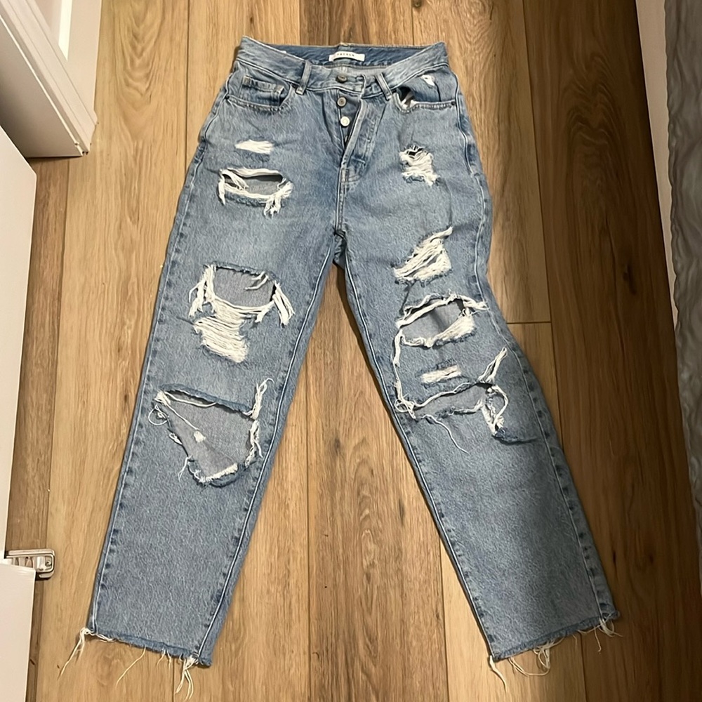 blue high-rise, straight leg jeans with rips only on the front size 26